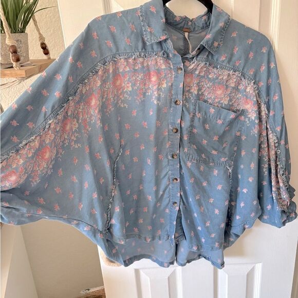 Free People Blue Cuffed Sleeve Button Down Shirt - Picture 3 of 5